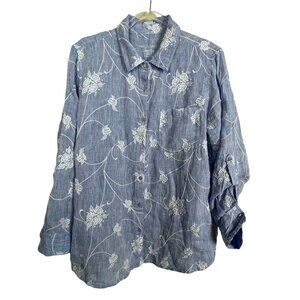 Karyn Seo Linen Embroidered Floral Button Up‎ Long Sleeve Shirt Blue Size M